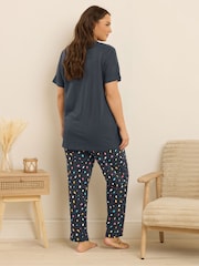 Yours Curve Blue Sunday Vibes Short Sleeve Wide Leg Pyjamas Set - Image 3 of 5