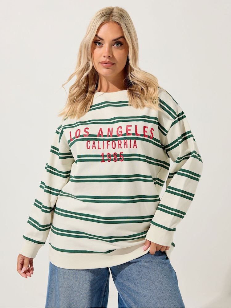 Yours Curve White LA Stripe Crew Neck Jumper - Image 1 of 5