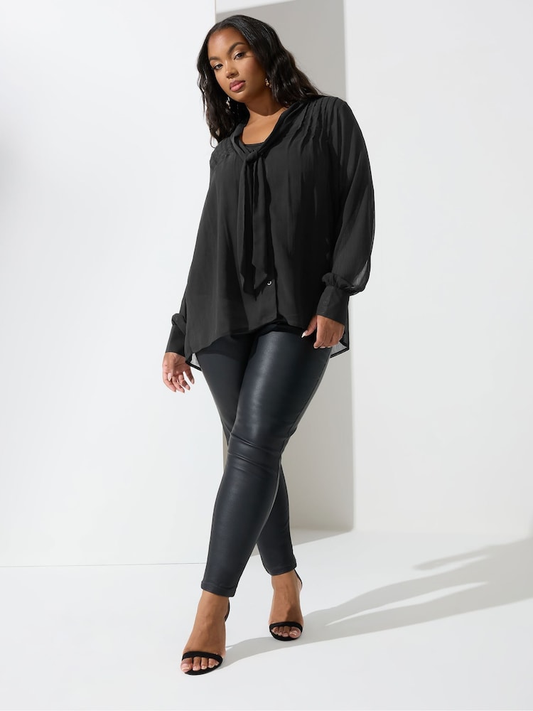 Yours Curve Black London Pleated Shoulder Bow Blouse - Image 2 of 5 Yours Curve Black London Pleated Shoulder Bow Blouse - Image 2 of 5