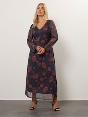 Yours Curve Black Mesh Balloon Sleeve Dress - Image 1 of 5