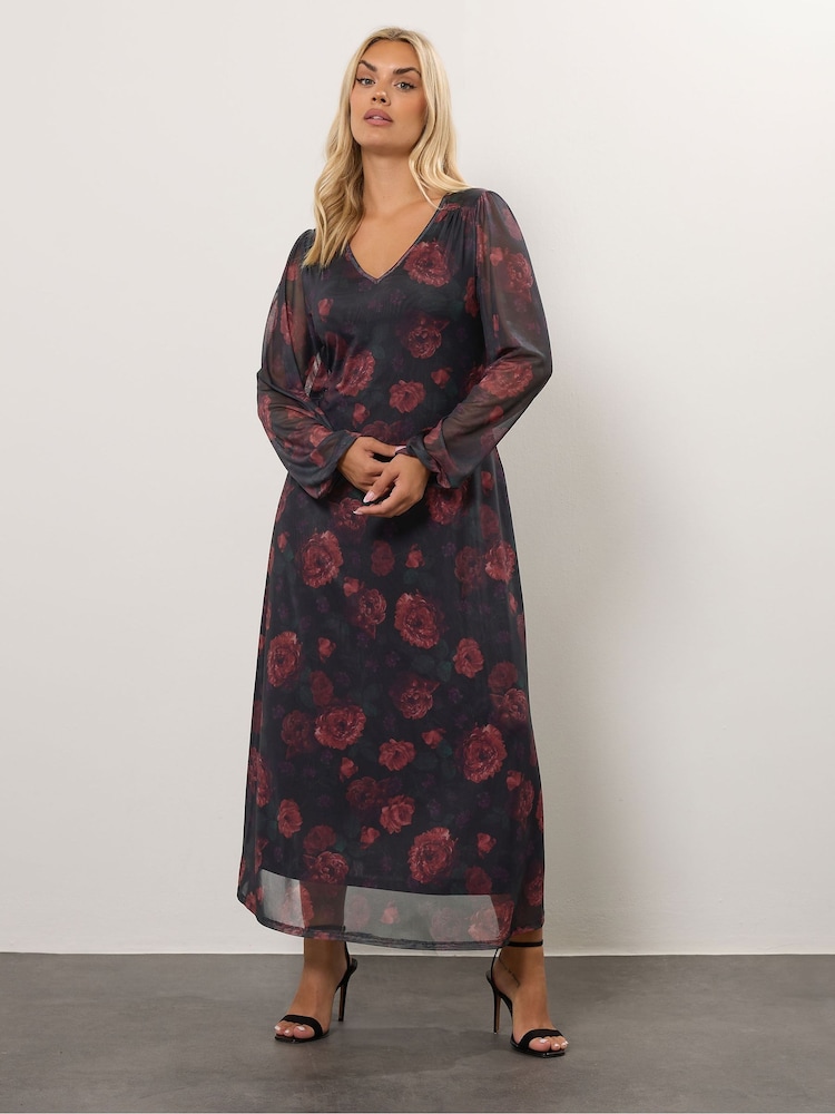 Yours Curve Black Mesh Balloon Sleeve Dress - Image 1 of 5