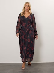 Yours Curve Black Mesh Balloon Sleeve Dress - Image 2 of 5