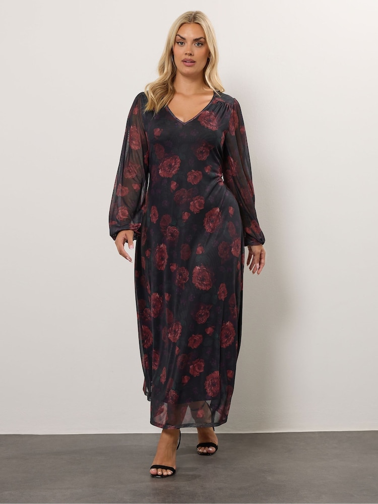 Yours Curve Black Mesh Balloon Sleeve Dress - Image 2 of 5