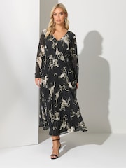 Yours Curve Black London Smokey V-Neck Pleated Dress - Image 1 of 5