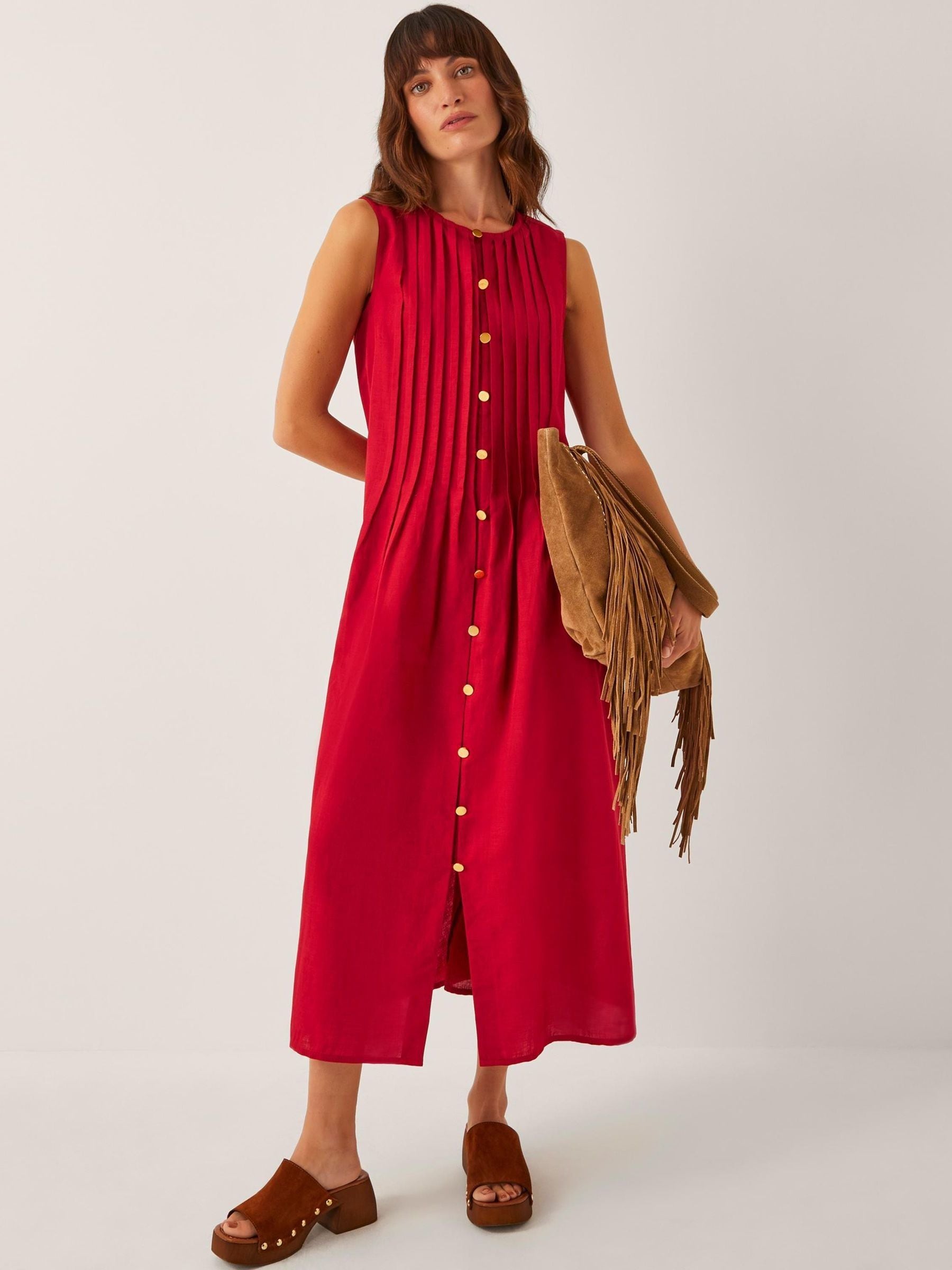Monsoon Red Monica Sleeveless Pleated Midi Dress