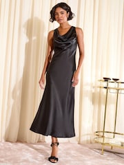 Friends Like These Black Satin Cowl Neck Midi Dress - Image 3 of 5