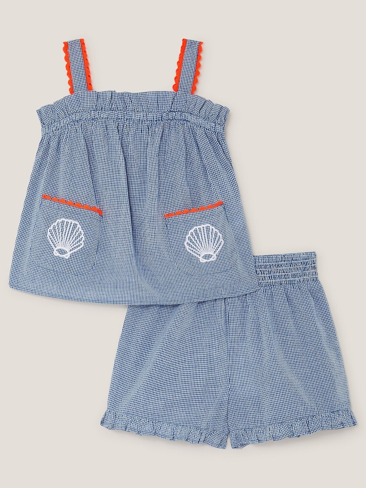 Monsoon Blue Embroidered Gingham Top & Shorts Set - Image 1 of 3