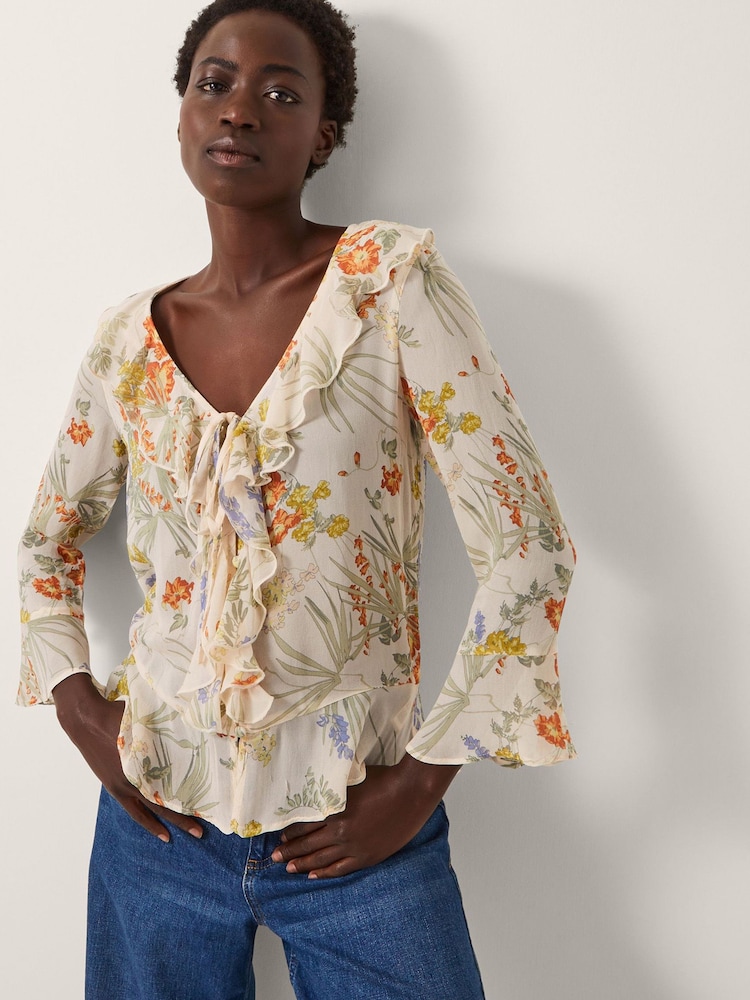 Monsoon Natural Jesse Sheer Frill Floral Print Blouse - Image 1 of 5
