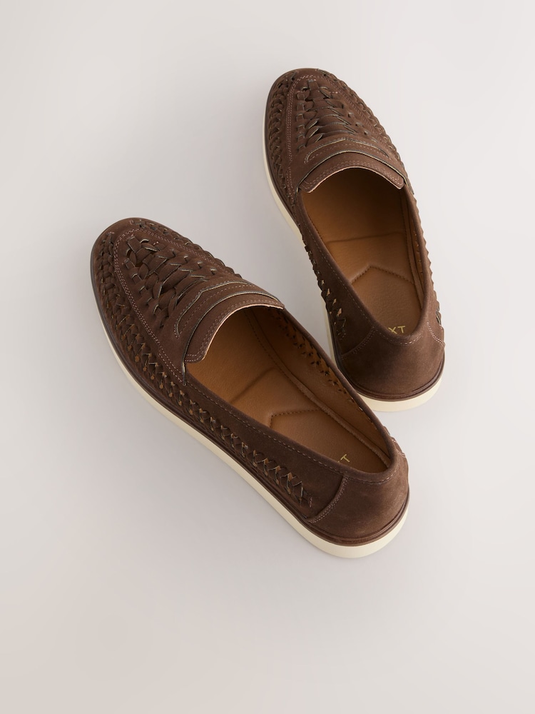Brown Leather Loafers with Woven Texture and Rubber Sole Brown Woven Leather Texture Loafer for Men main image 3