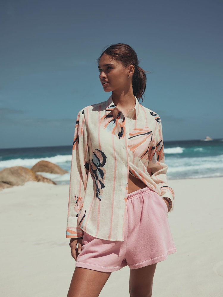 Pink/Cream Shell Print Relaxed Long Sleeve Shirt With Linen - Image 1 of 5 Pink/Cream Shell Print Relaxed Long Sleeve Shirt With Linen - Image 1 of 5