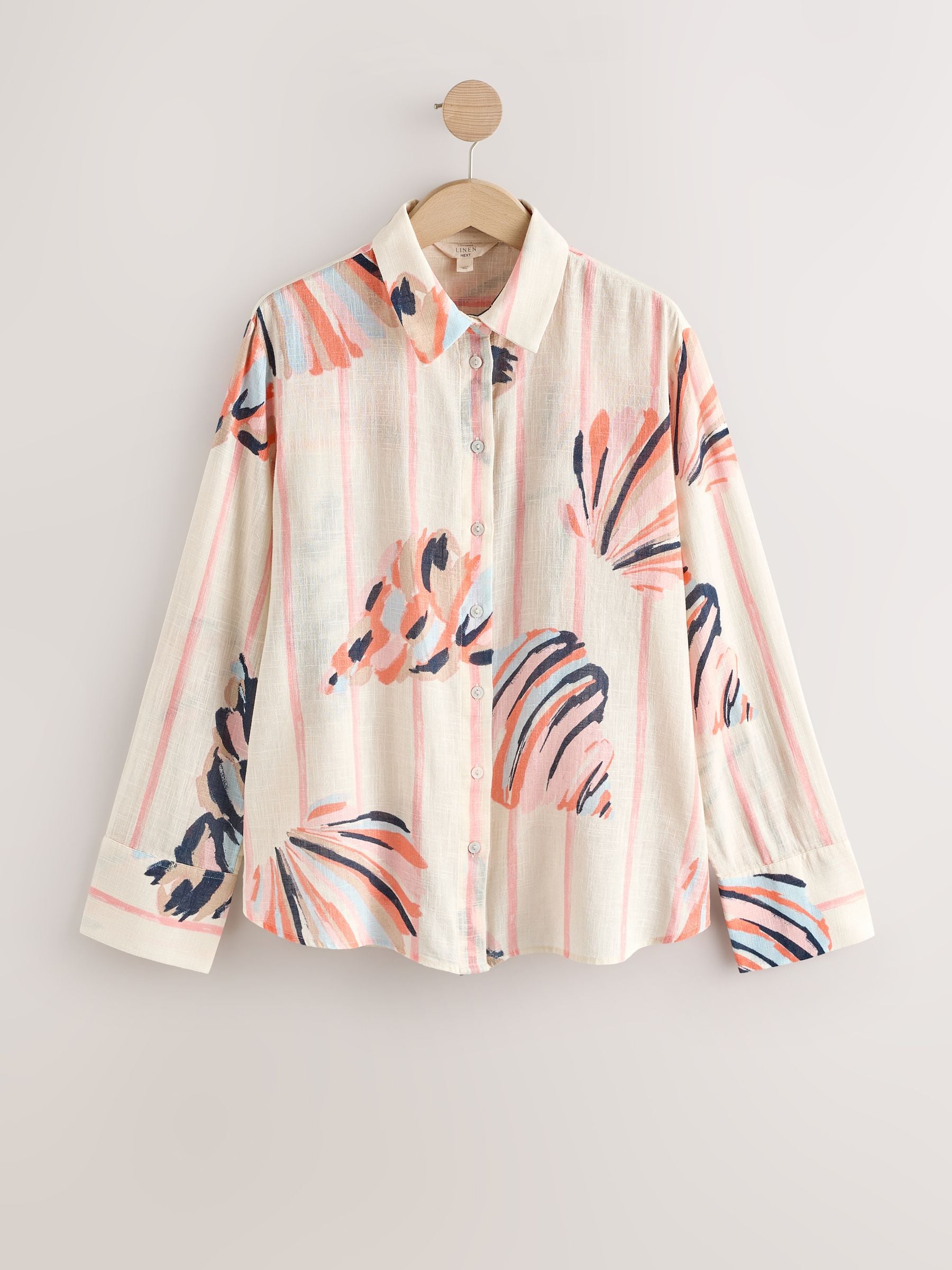 Buy Pink/Cream Shell Print Relaxed Long Sleeve Shirt With Linen