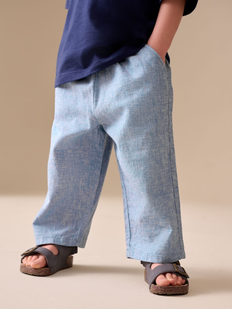Chambray Blue Wide Fit Linen Blend Pull on Trousers (3mths-7yrs) - Image 1 of 8