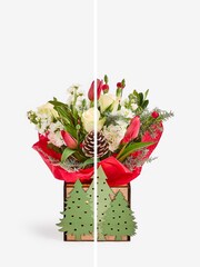 Red/White Rose and Tulip Fresh Flower Bouquet with Lights in Christmas Tree Box - Image 4 of 6