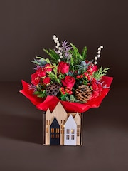 Red Rose and Eryngium Fresh Flower Bouquet with Lights in Christmas Box - Image 1 of 4