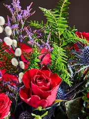 Red Rose and Eryngium Fresh Flower Bouquet with Lights in Christmas Box - Image 2 of 4