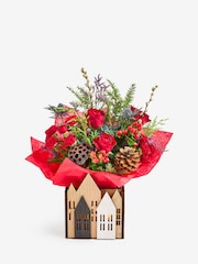 Red Rose and Eryngium Fresh Flower Bouquet with Lights in Christmas Box - Image 3 of 4