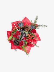 Red Rose and Eryngium Fresh Flower Bouquet with Lights in Christmas Box - Image 4 of 4