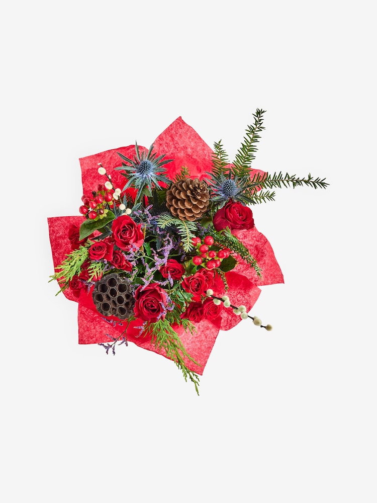 Red Rose and Eryngium Fresh Flower Bouquet with Lights in Christmas Box - Image 4 of 4 Red Rose and Eryngium Fresh Flower Bouquet with Lights in Christmas Box - Image 4 of 4