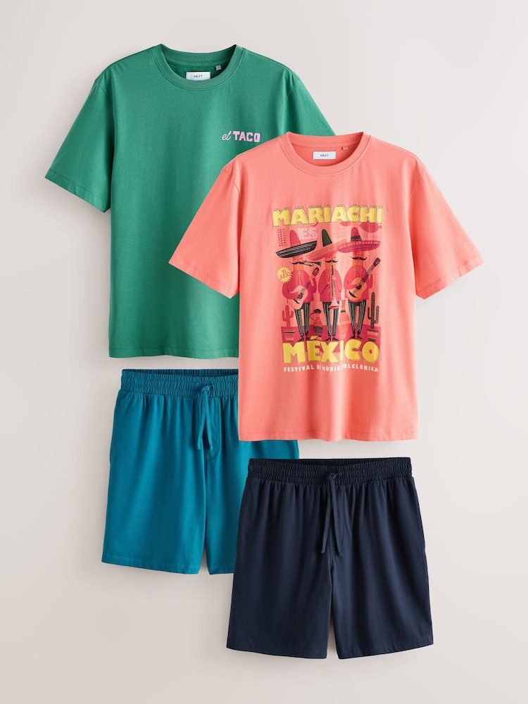 أخضر/برتقالي - Graphic Short Sleeve Jersey Pyjamas Set 2 Pack - صورة 1 من 8