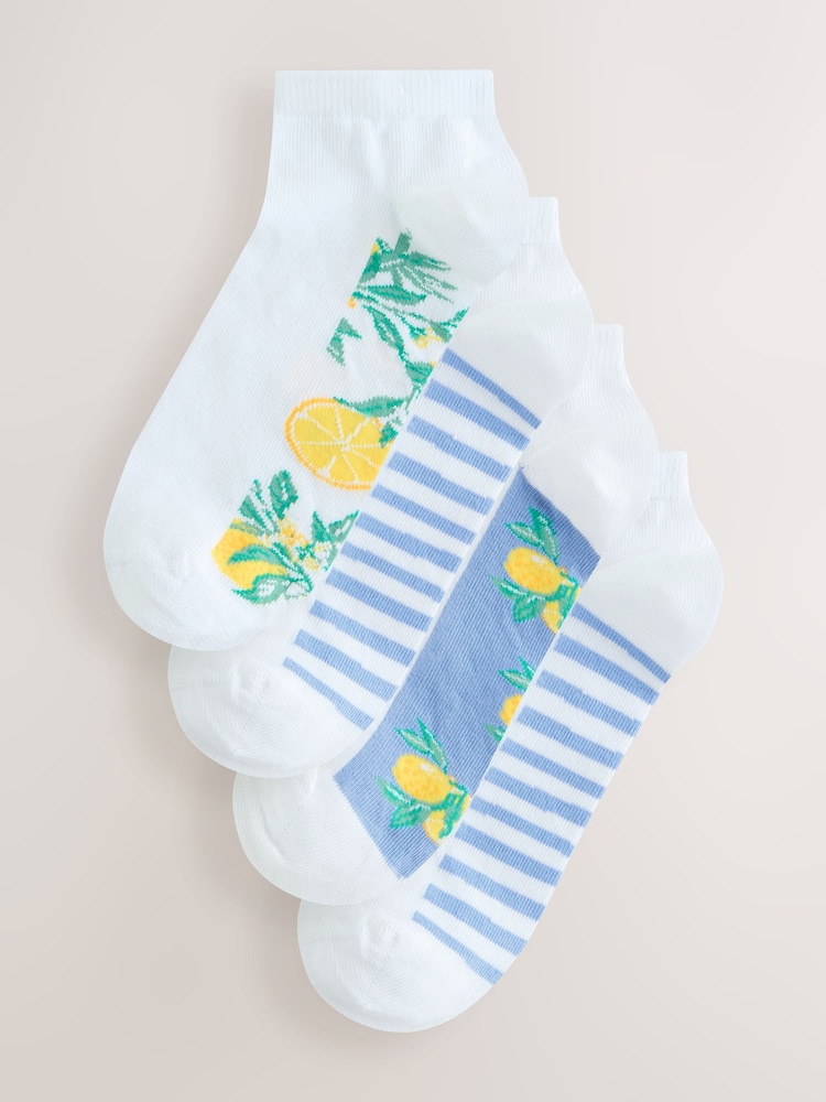 White/Blue Lemons Footbed Trainer Socks 4 Pack - Image 1 of 7