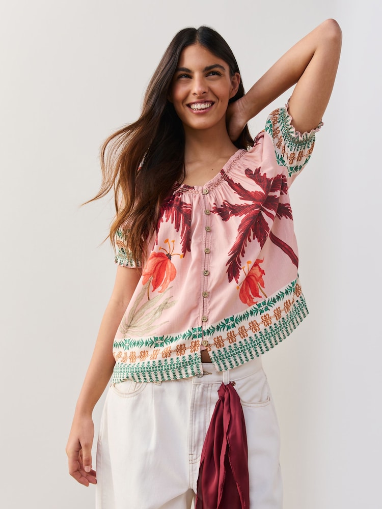 Pastel Palm Tree Border Print Puff Sleeve Button Front Bardot Top With Linen - Image 1 of 8 Pastel Palm Tree Border Print Puff Sleeve Button Front Bardot Top With Linen - Image 1 of 8