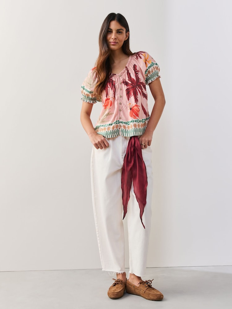 Pastel Palm Tree Border Print Puff Sleeve Button Front Bardot Top With Linen - Image 2 of 8 Pastel Palm Tree Border Print Puff Sleeve Button Front Bardot Top With Linen - Image 2 of 8