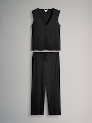 The Set Black Textured V-Neck T-Shirt and Trousers Coord Set - Image 1 of 5