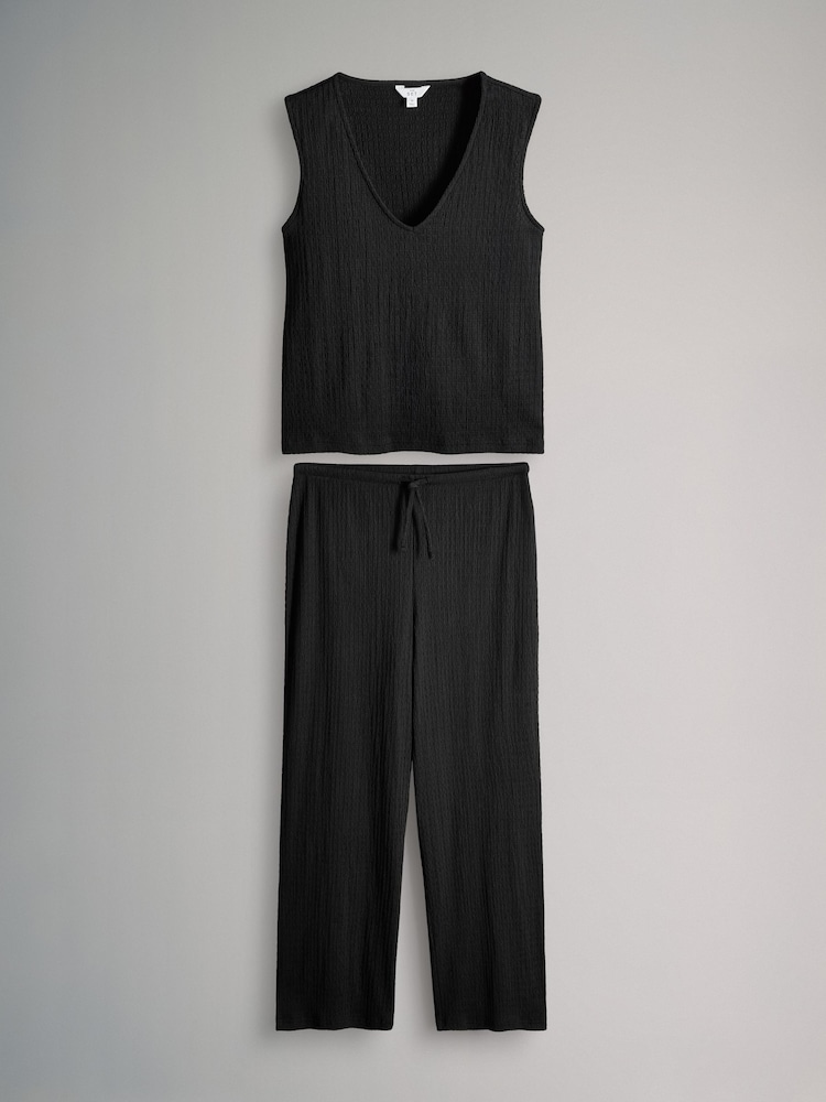 The Set Black Textured V-Neck T-Shirt and Trousers Coord Set - Image 1 of 5