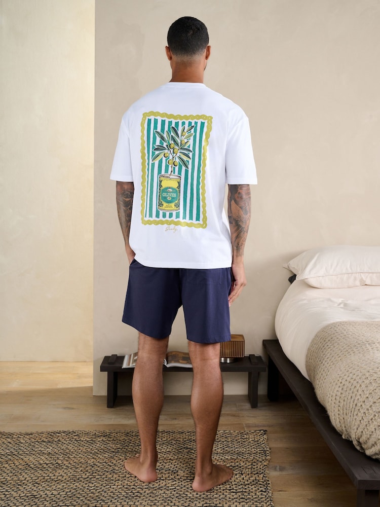 Білий/Темно-синій - Graphic Short Sleeve Jersey Pyjamas Set - Image 1 of 6
