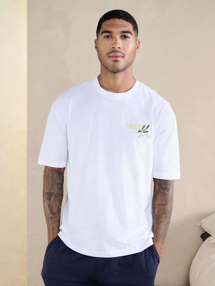 Білий/Темно-синій - Graphic Short Sleeve Jersey Pyjamas Set - Image 2 of 6