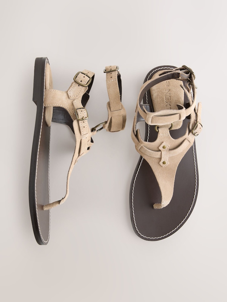 Neutral Suede Gladiator Toe Thong Sandals - Image 1 of 5 Neutral Suede Gladiator Toe Thong Sandals - Image 1 of 5