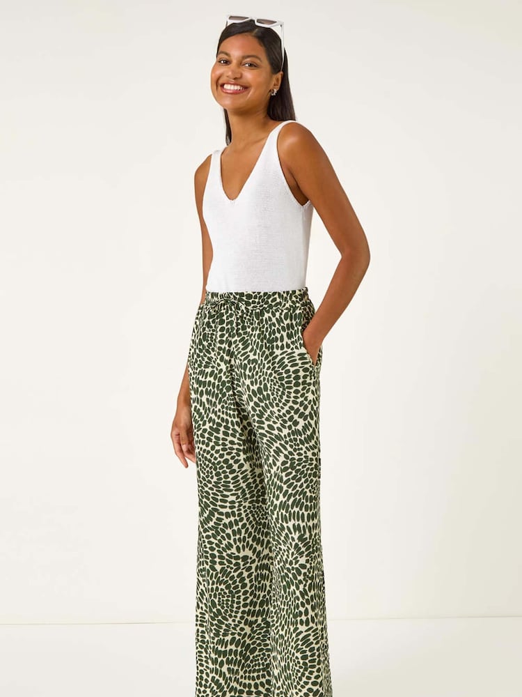 Roman Green Abstract Wide Leg Trousers - Image 1 of 5 Roman Green Abstract Wide Leg Trousers - Image 1 of 5