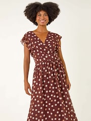 Roman Spot Print V-Neck Frill Midi Dress - Imagem 1 de 5