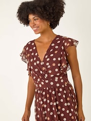 Roman Spot Print V-Neck Frill Midi Dress - Imagem 4 de 5