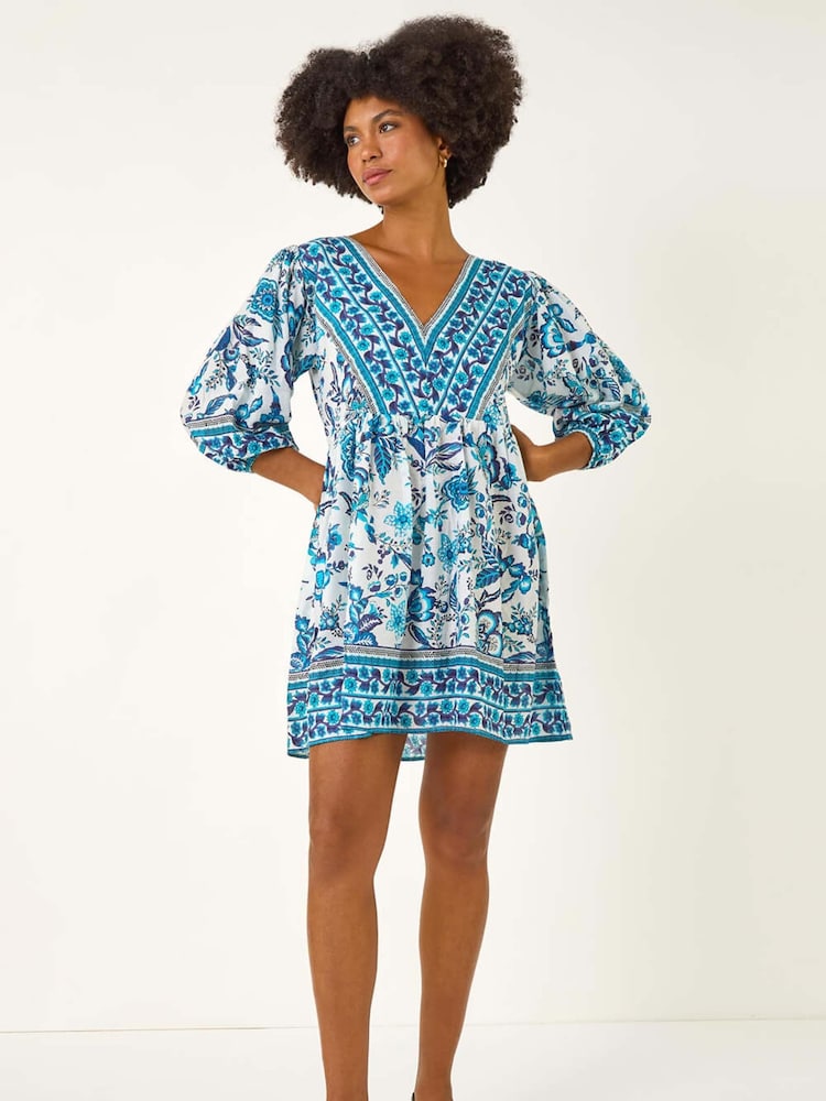 Roman Blue Floral Print Border Dress - Image 1 of 5