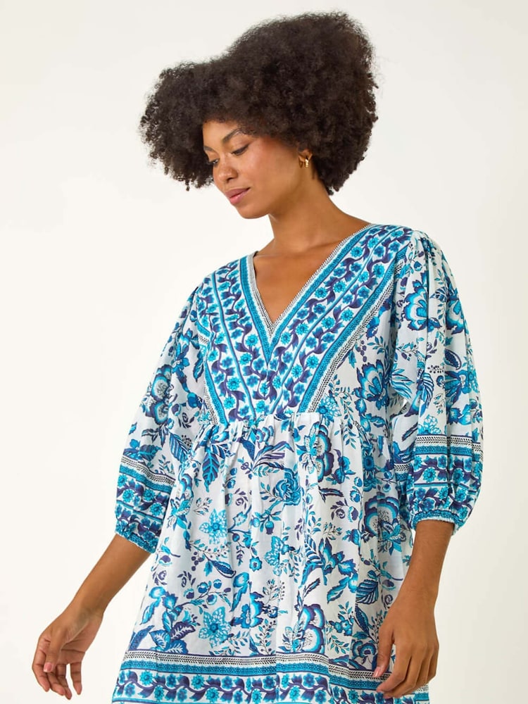 Roman Blue Floral Print Border Dress - Image 2 of 5 Roman Blue Floral Print Border Dress - Image 2 of 5