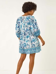 Roman Blue Floral Print Border Dress - Image 3 of 5