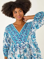 Roman Blue Floral Print Border Dress - Image 4 of 5