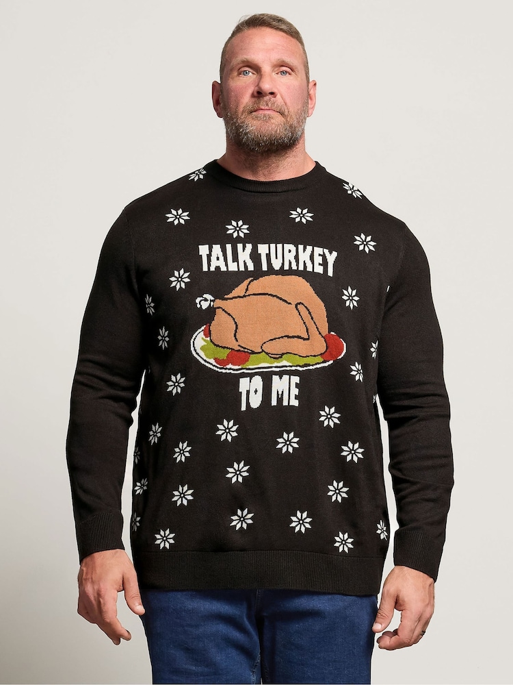 BadRhino Big & Tall Black Talk Turkey To Me Knitted Crew Neck Jumper - Image 1 of 6