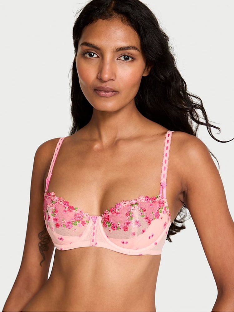 Victoria's Secret Hearts and Roses Pink Unlined Balcony Embroidered Bra - Image 1 of 4