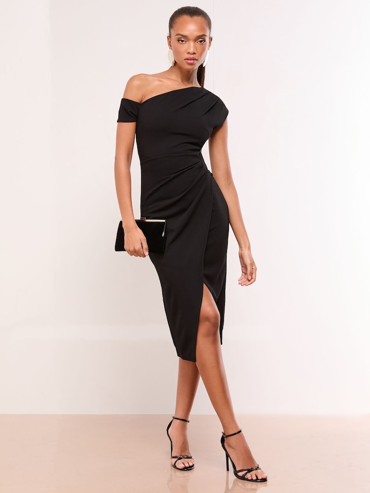 Lipsy Black Petite Off The Shoulder Gathered Waist Midi Dress - Image 1 of 4 Lipsy Black Petite Off The Shoulder Gathered Waist Midi Dress - Image 1 of 4