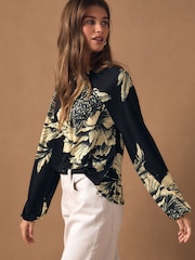 Black Floral Print Twist Neck Long Sleeve Blouse - Image 3 of 8