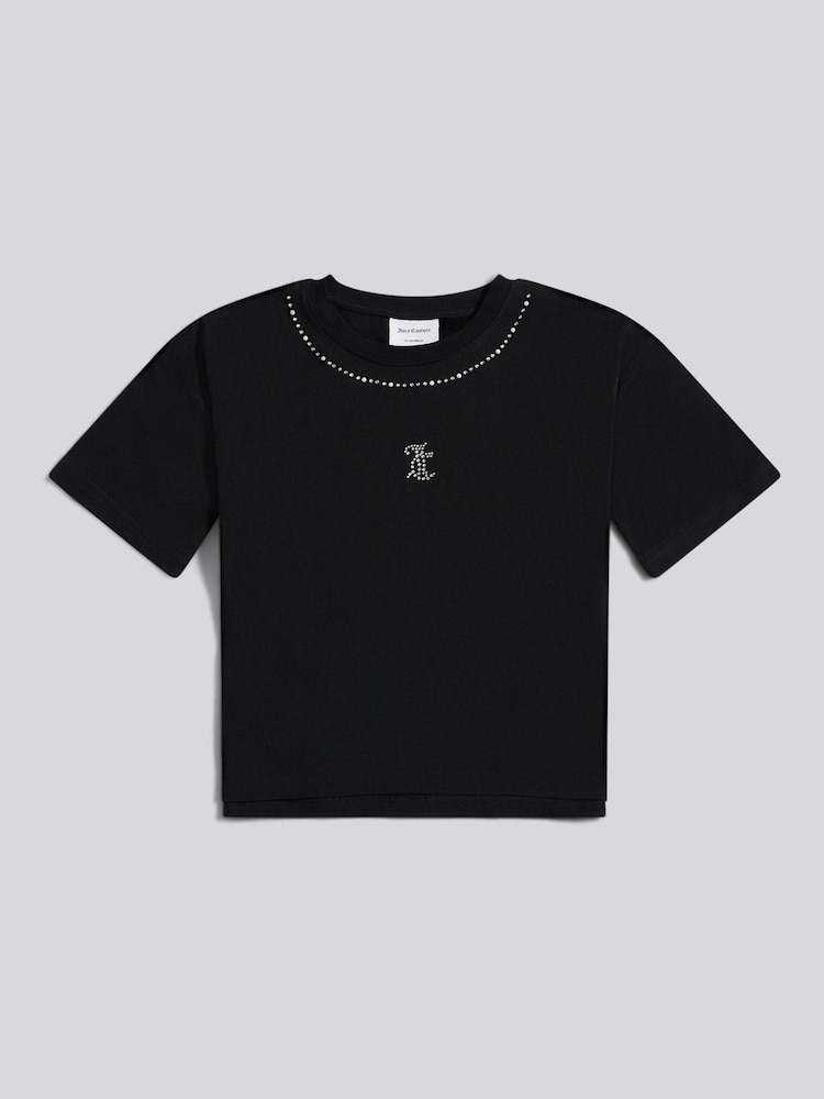Juicy Couture Black Diamante Trim Neck Boxy T-Shirt - Image 1 of 3 Juicy Couture Black Diamante Trim Neck Boxy T-Shirt - Image 1 of 3