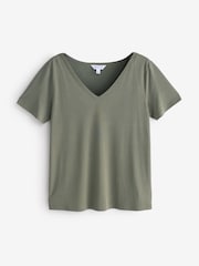 Khaki Green Basic V Neck Short Sleeve T-Shirt - Image 1 of 1