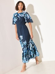 Friends Like These Blue Floral Chiffon Short Sleeve Midi Dress - Image 1 of 5