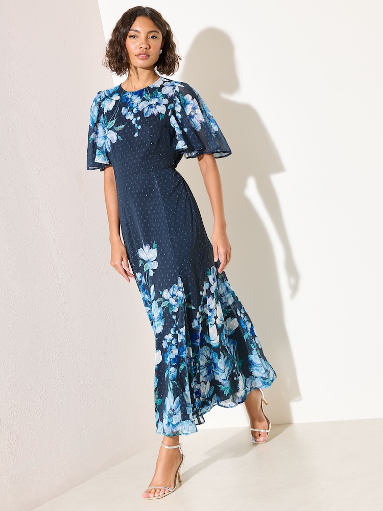 Friends Like These Blue Floral Chiffon Short Sleeve Midi Dress - Image 1 of 5 Friends Like These Blue Floral Chiffon Short Sleeve Midi Dress - Image 1 of 5