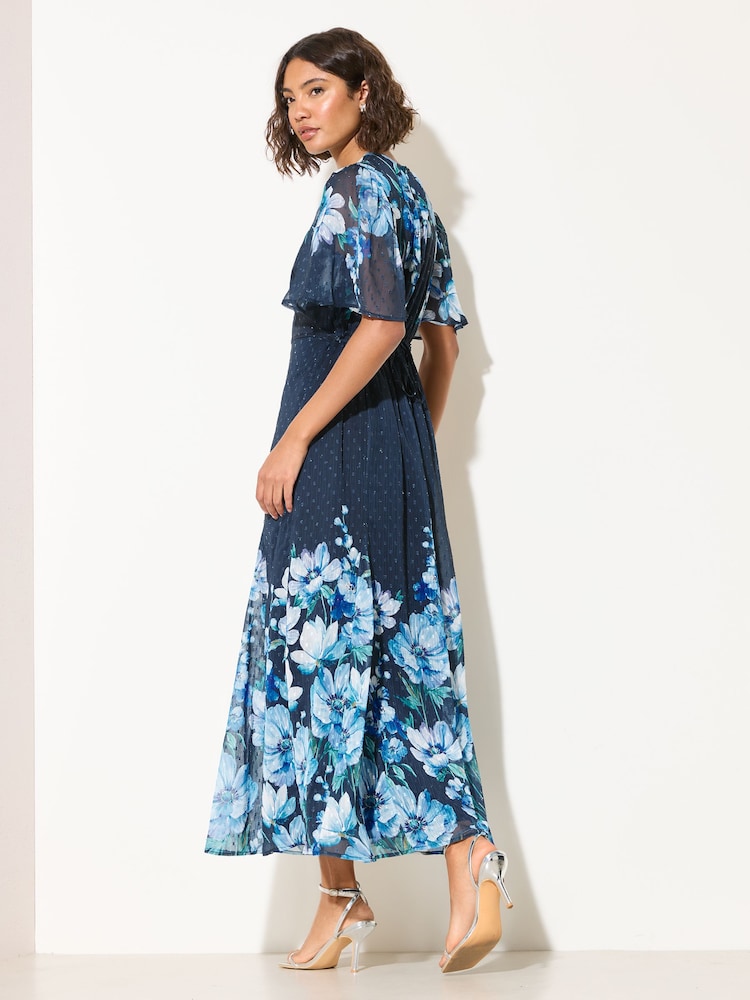 Friends Like These Blue Floral Chiffon Short Sleeve Midi Dress - Image 2 of 5 Friends Like These Blue Floral Chiffon Short Sleeve Midi Dress - Image 2 of 5