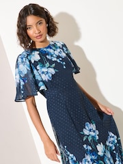 Friends Like These Blue Floral Chiffon Short Sleeve Midi Dress - Image 5 of 5