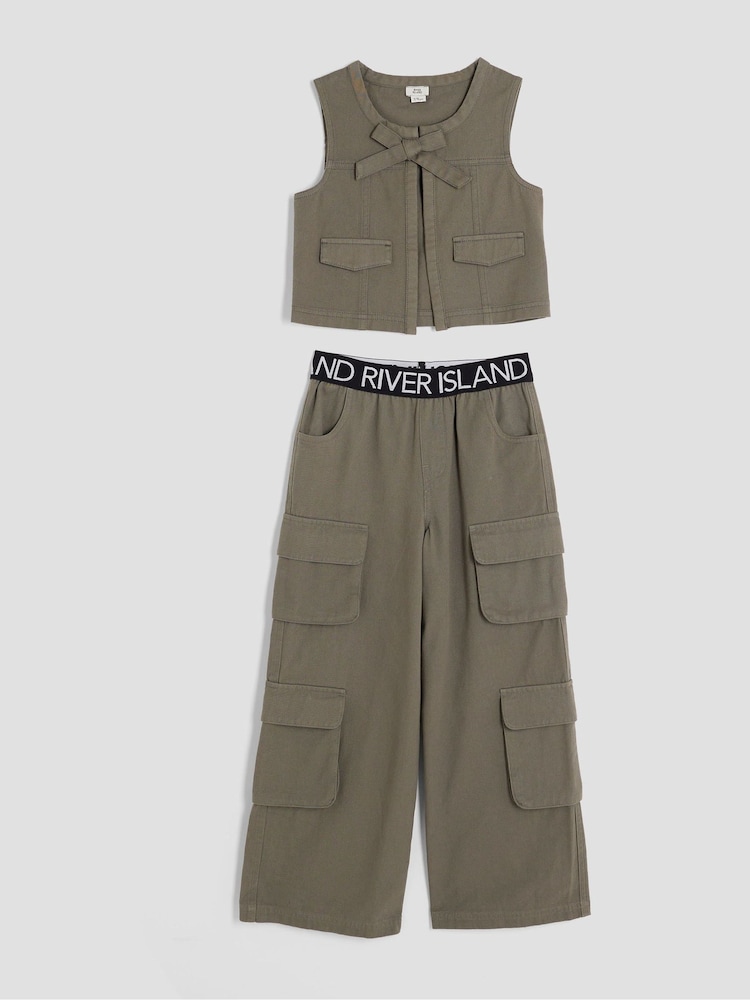 River Island Green Girls Waistband Gilet Cargo Set - Image 1 of 4