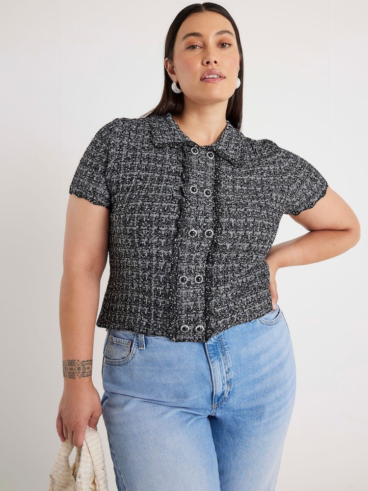 River Island Grey Button Front Boucle Collar Top - Image 1 of 6